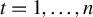 t equals 1 comma ellipsis comma n