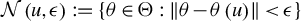 script upper N left parenthesis u comma epsilon right parenthesis colon equals StartSet theta element of normal upper Theta colon StartMetric theta minus theta left parenthesis u right parenthesis EndMetric less than epsilon EndSet