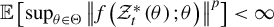 double struck upper E left bracket sup Underscript theta element of normal upper Theta Endscripts StartMetric f left parenthesis script upper Z Subscript t Superscript asterisk Baseline left parenthesis theta right parenthesis semicolon theta right parenthesis EndMetric Superscript p Baseline right bracket less than infinity