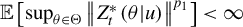 double struck upper E left bracket sup Underscript theta element of normal upper Theta Endscripts StartMetric upper Z Subscript t Superscript asterisk Baseline left parenthesis theta vertical bar u right parenthesis EndMetric Superscript p 1 Baseline right bracket less than infinity
