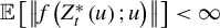 double struck upper E left bracket StartMetric f left parenthesis upper Z Subscript t Superscript asterisk Baseline left parenthesis u right parenthesis semicolon u right parenthesis EndMetric right bracket less than infinity
