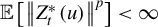 double struck upper E left bracket StartMetric upper Z Subscript t Superscript asterisk Baseline left parenthesis u right parenthesis EndMetric Superscript p Baseline right bracket less than infinity