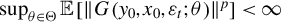 sup Underscript theta element of normal upper Theta Endscripts double struck upper E left bracket StartMetric upper G left parenthesis y 0 comma x 0 comma epsilon Subscript t Baseline semicolon theta right parenthesis EndMetric Superscript p Baseline right bracket less than infinity