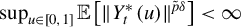 sup Underscript u element of left bracket 0 comma 1 right bracket Endscripts double struck upper E left bracket StartMetric upper Y Subscript t Superscript asterisk Baseline left parenthesis u right parenthesis EndMetric Superscript p overtilde delta Baseline right bracket less than infinity