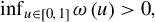 inf Underscript u element of left bracket 0 comma 1 right bracket Endscripts omega left parenthesis u right parenthesis greater than 0 comma