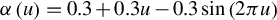 alpha left parenthesis u right parenthesis equals 0.3 plus 0.3 u minus 0.3 sine left parenthesis 2 pi u right parenthesis