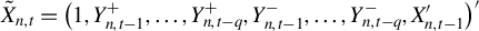 upper X overtilde Subscript n comma t Baseline equals left parenthesis 1 comma upper Y Subscript n comma t minus 1 Superscript plus Baseline comma ellipsis comma upper Y Subscript n comma t minus q Superscript plus Baseline comma upper Y Subscript n comma t minus 1 Superscript minus Baseline comma ellipsis comma upper Y Subscript n comma t minus q Superscript minus Baseline comma upper X Subscript n comma t minus 1 Superscript prime Baseline right parenthesis prime