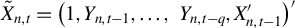 upper X overtilde Subscript n comma t Baseline equals left parenthesis 1 comma upper Y Subscript n comma t minus 1 Baseline comma ellipsis comma upper Y Subscript n comma t minus q Baseline comma upper X prime Subscript n comma t minus 1 Baseline right parenthesis prime