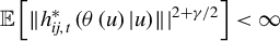 double struck upper E left bracket StartMetric h Subscript i j comma t Superscript asterisk Baseline left parenthesis theta left parenthesis u right parenthesis vertical bar u right parenthesis EndMetric vertical bar Superscript 2 plus gamma divided by 2 Baseline right bracket less than infinity