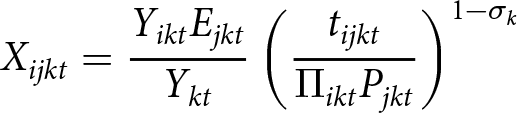 Xijkt equals YiktEjktYkt left parenthesis tijkt upper Pi iktPjkt right parenthesis 1 minus sigma k