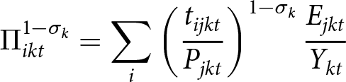 upper Pi ikt 1 minus sigma k equals sigma summation i left parenthesis tijktPjkt right parenthesis 1 minus sigma kEjktYkt
