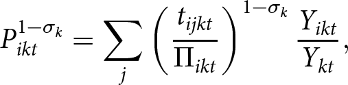 Pikt 1 minus sigma k equals sigma summation j left parenthesis tijkt upper Pi ikt right parenthesis 1 minus sigma kYiktYkt comma