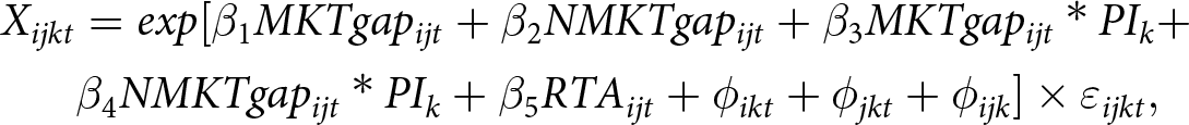 Xijkt equals exp left bracket beta 1 MKTgapijt plus beta 2 NMKTgapijt plus beta 3 MKTgapijt asterisk PIk plus beta 4 NMKTgapijt asterisk PIk plus beta 5 RTAijt plus phi ikt plus phi jkt plus phi ijk right bracket times epsilon ijkt comma