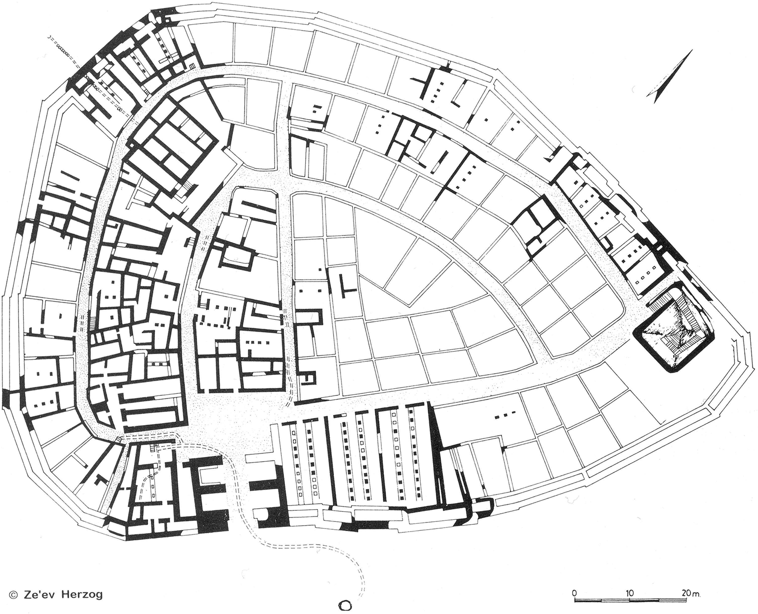 A plan of Beersheba at level II, showing a small, planned urban center in Judah.