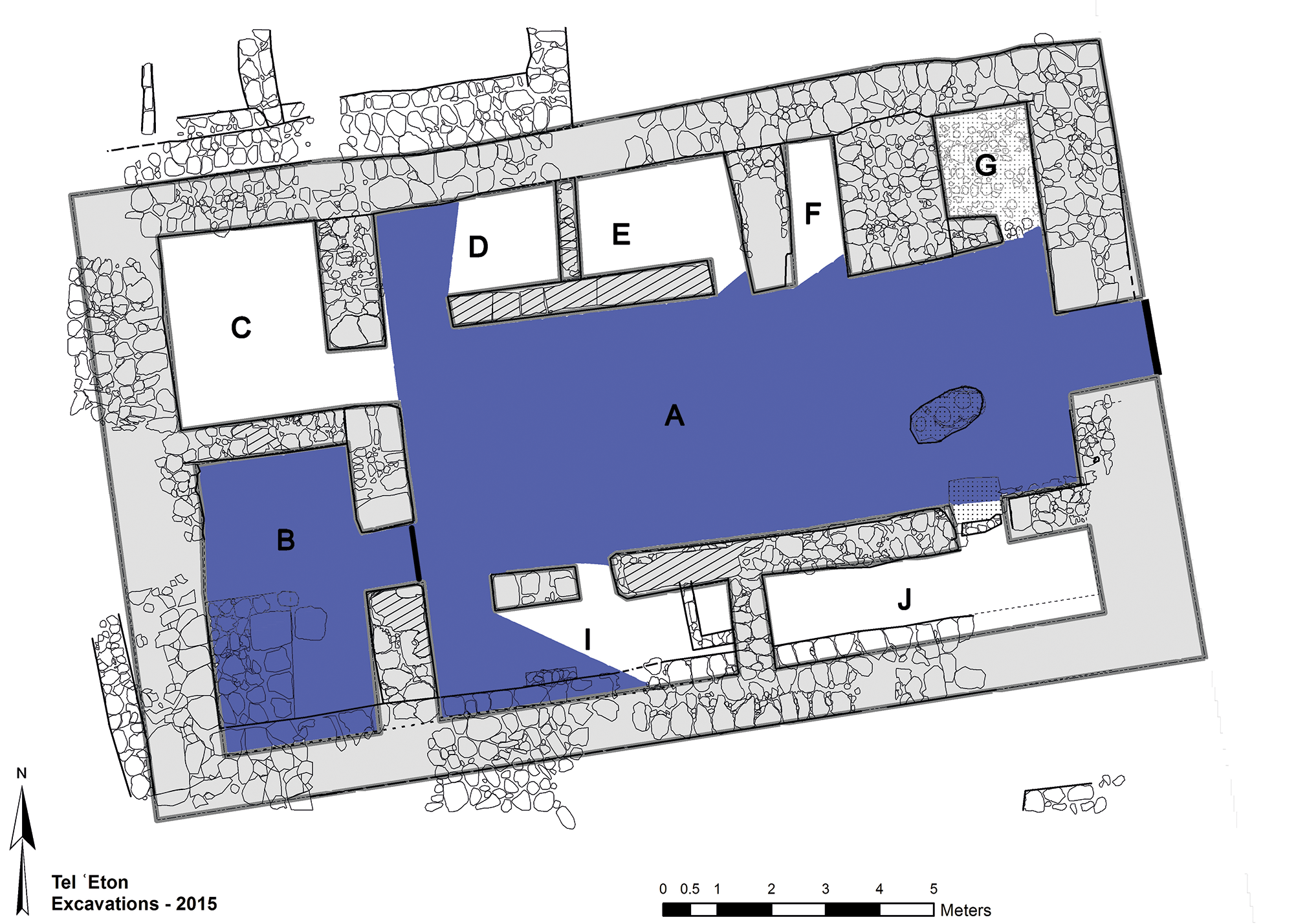 A diagram of an archaeological site layout with labeled rooms and areas.