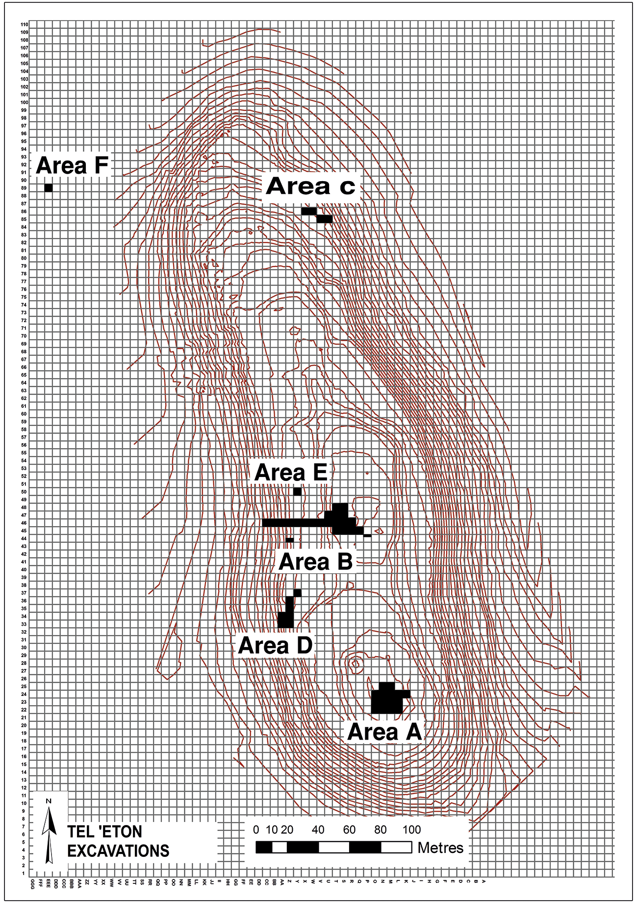 A map showing excavation areas at Tel Eton with labeled regions and a scale.