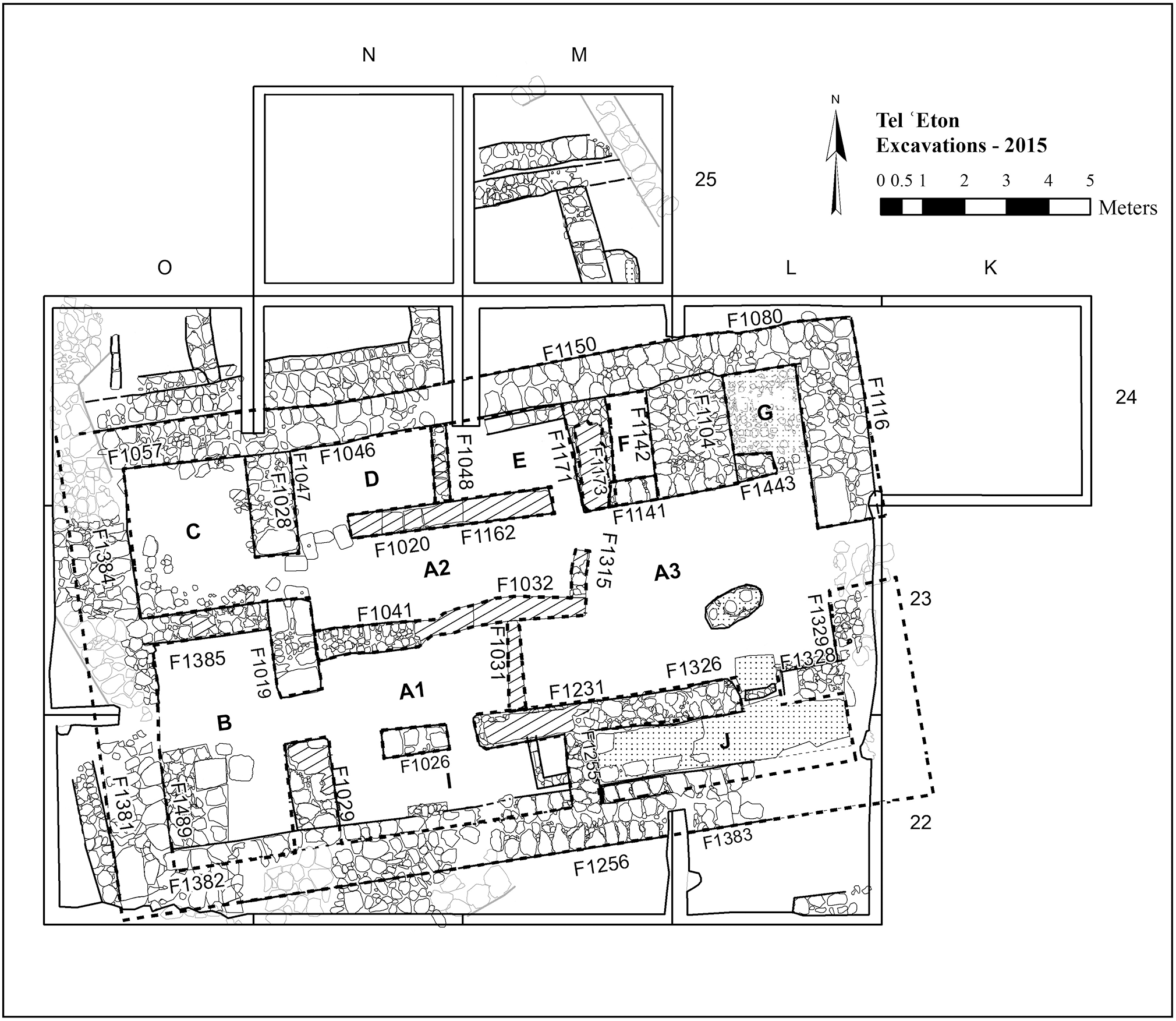 A detailed plan of an archaeological excavation site labeled with various structures and features.