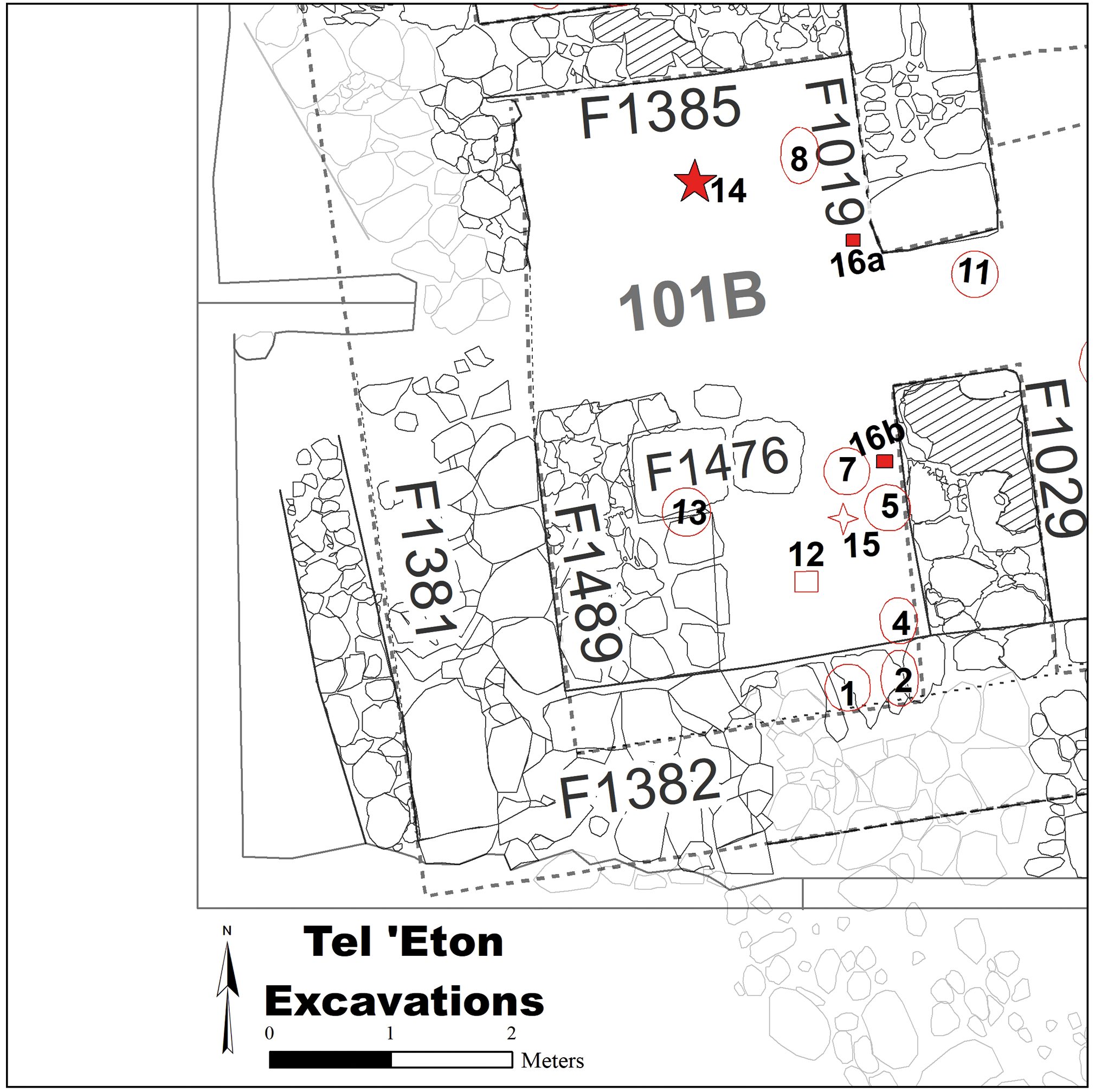 A map of Tel 'Eton excavations showing key locations and finds.
