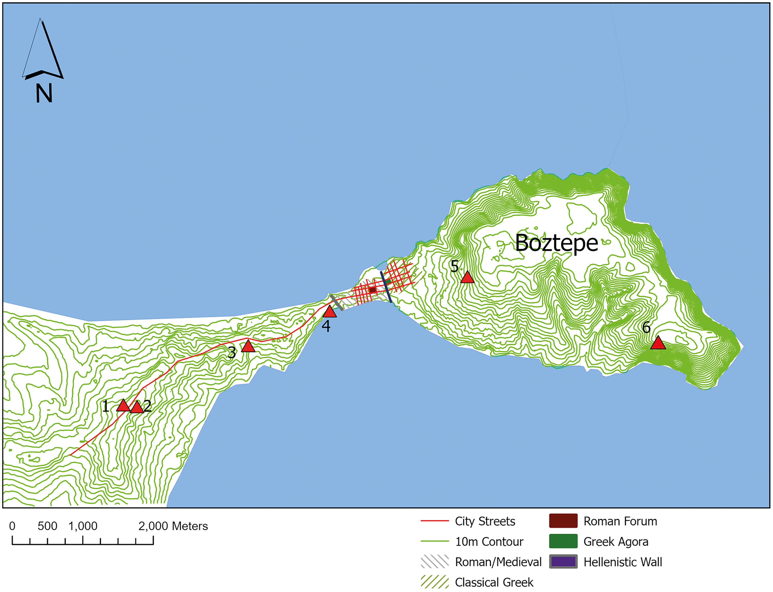 A map of the major Archaic and Hellenistic cemeteries on the mainland of Sinop promontory and Boztepe.