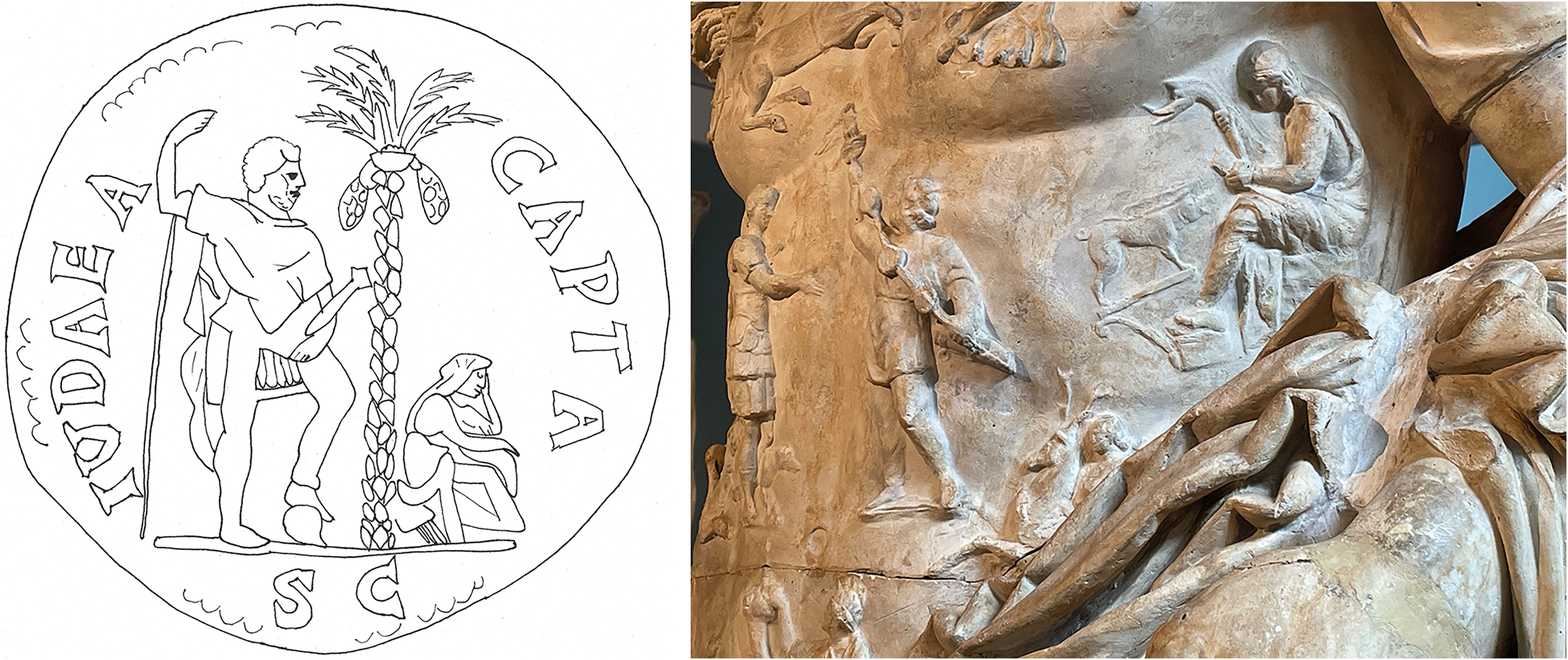 Two images side by side depicting historical representations of conquered provinces as women.