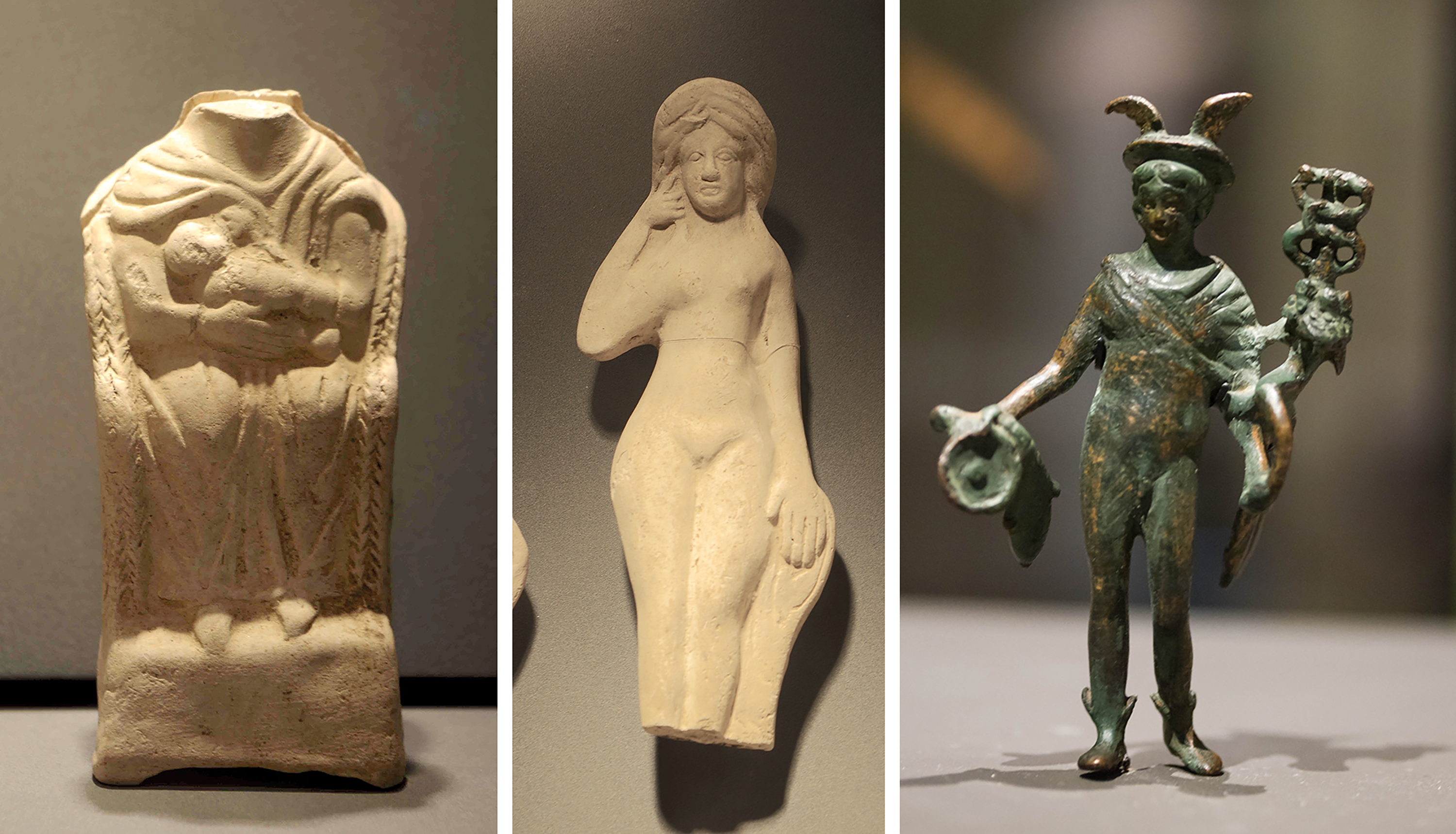 Three ancient figurines: a Clay Mother Goddess, a Venus figurine, and a Bronze Mercury figurine.