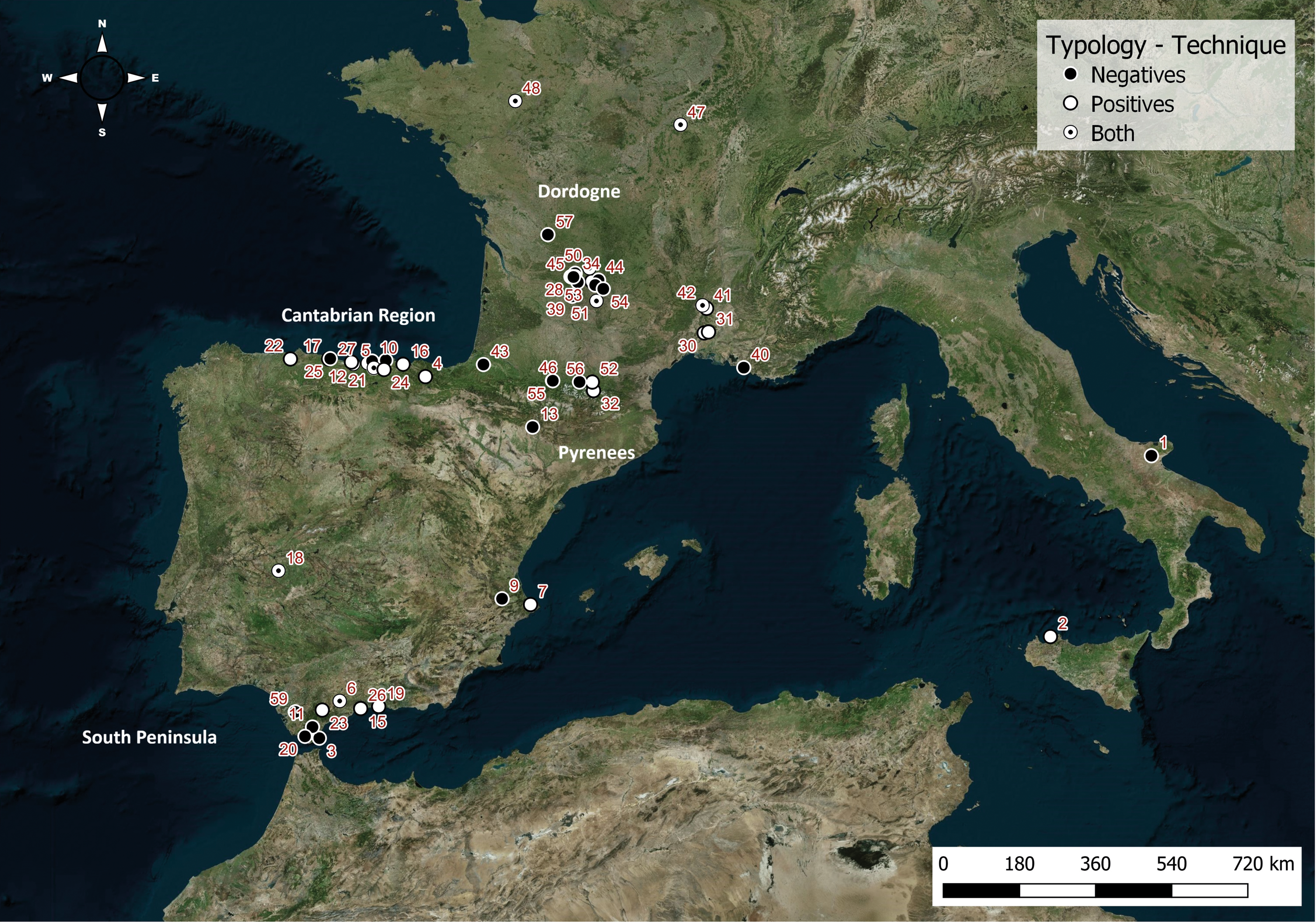 A map of Europe showing locations of Upper Palaeolithic hand representations using different techniques.