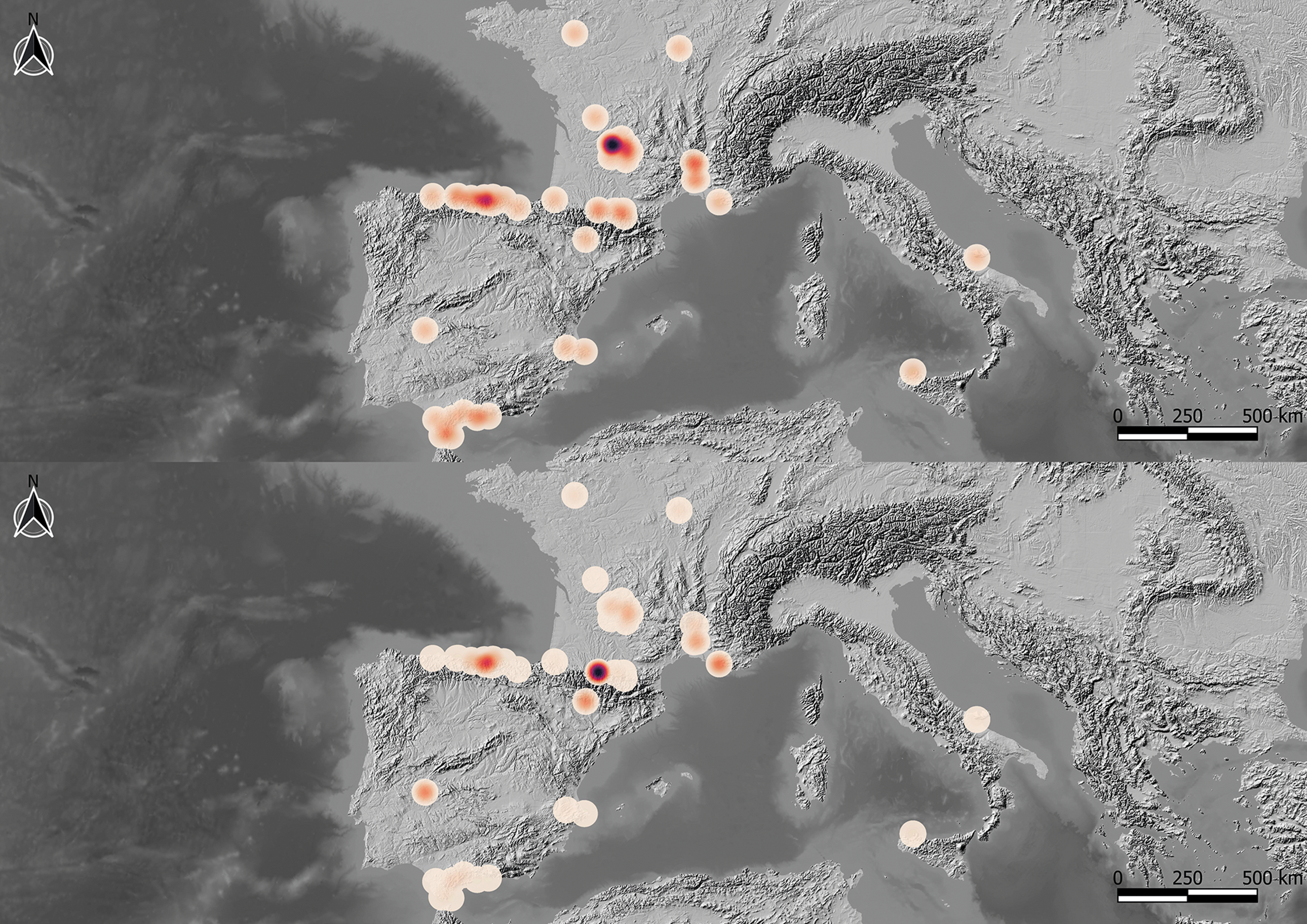 A heat map showing the density of Palaeolithic hand stencils in caves across Europe.
