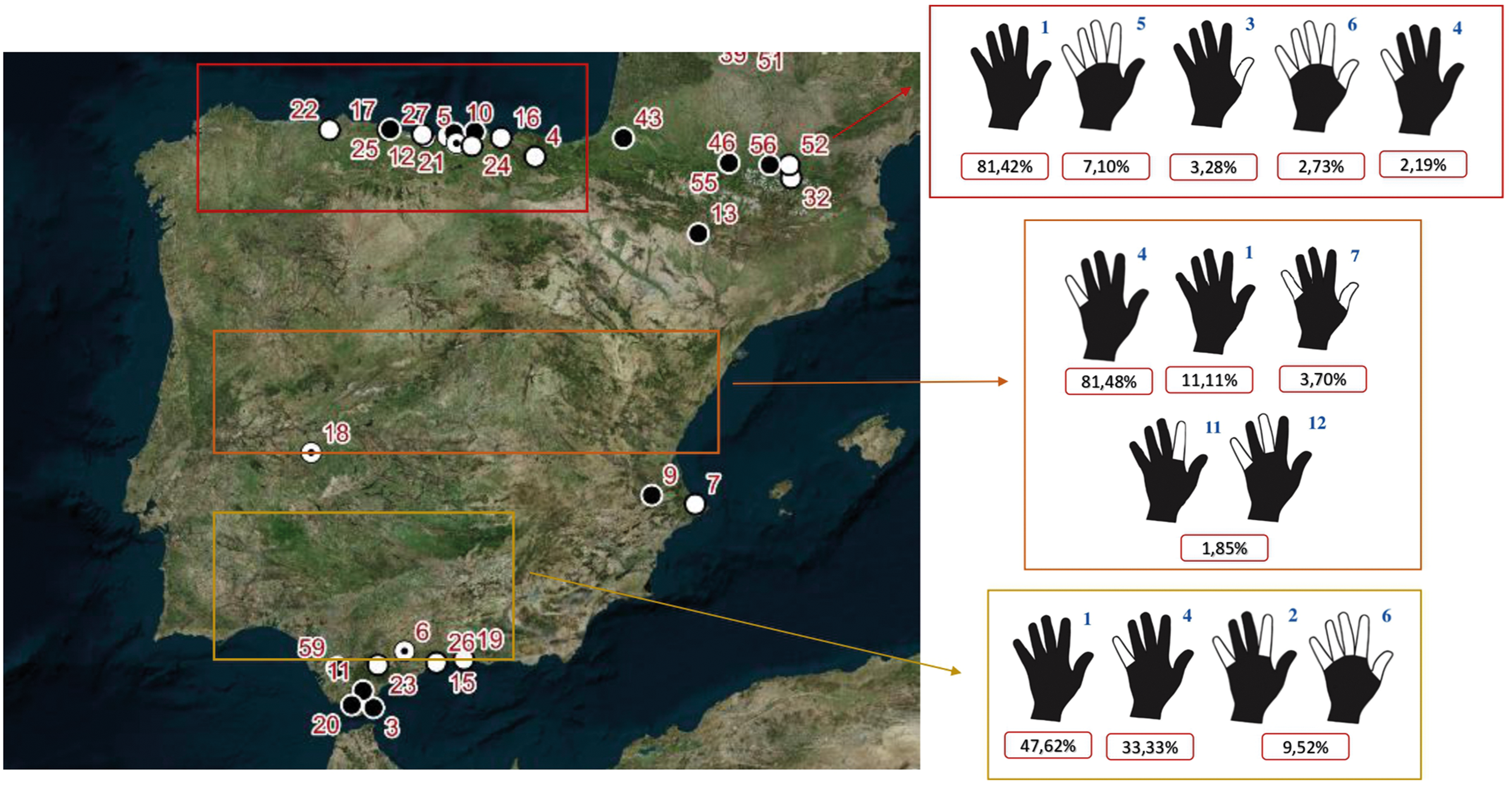 Map of Spain showing hand representation data.