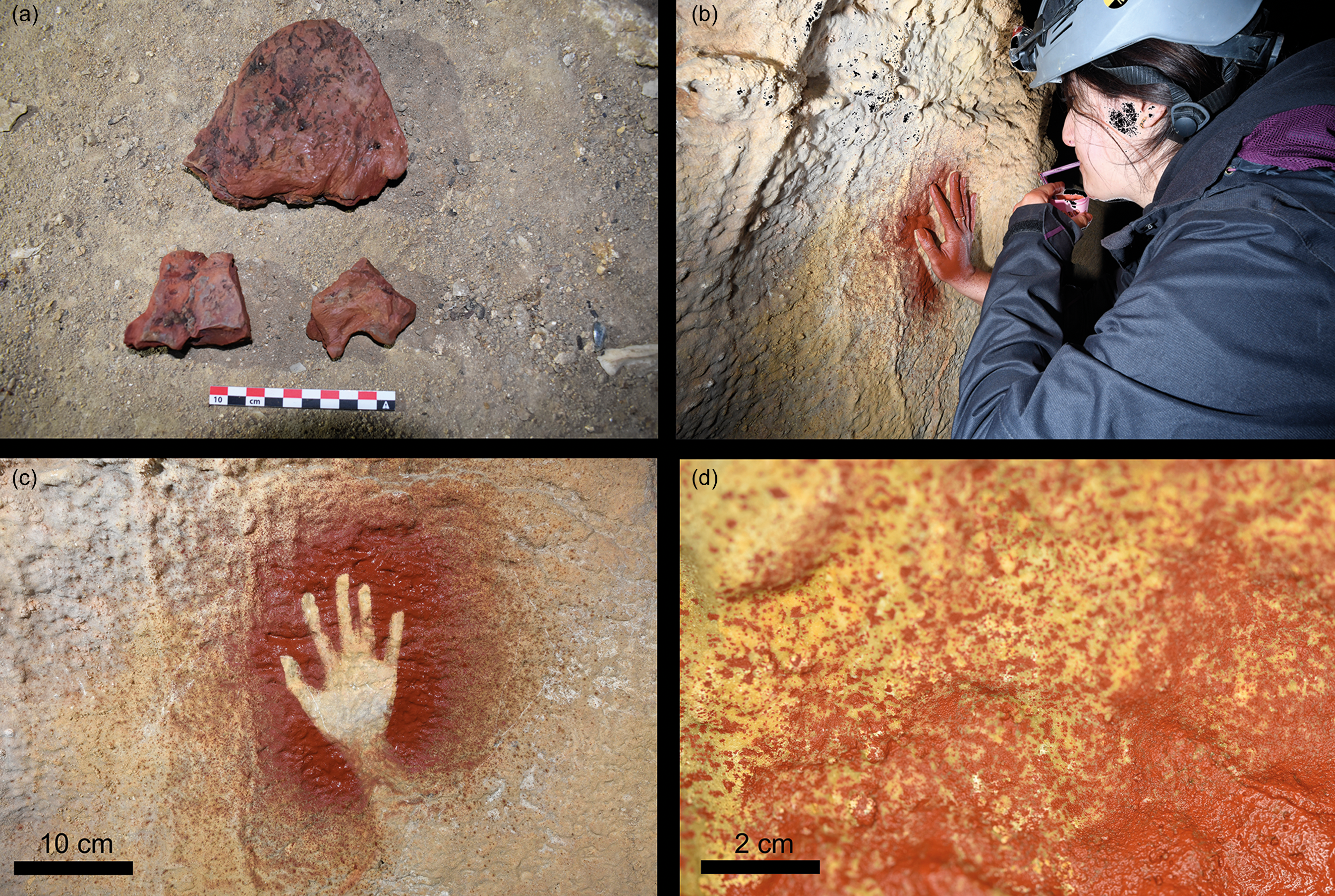 The image shows various stages and details of creating a blown hand stencil using different colorants.