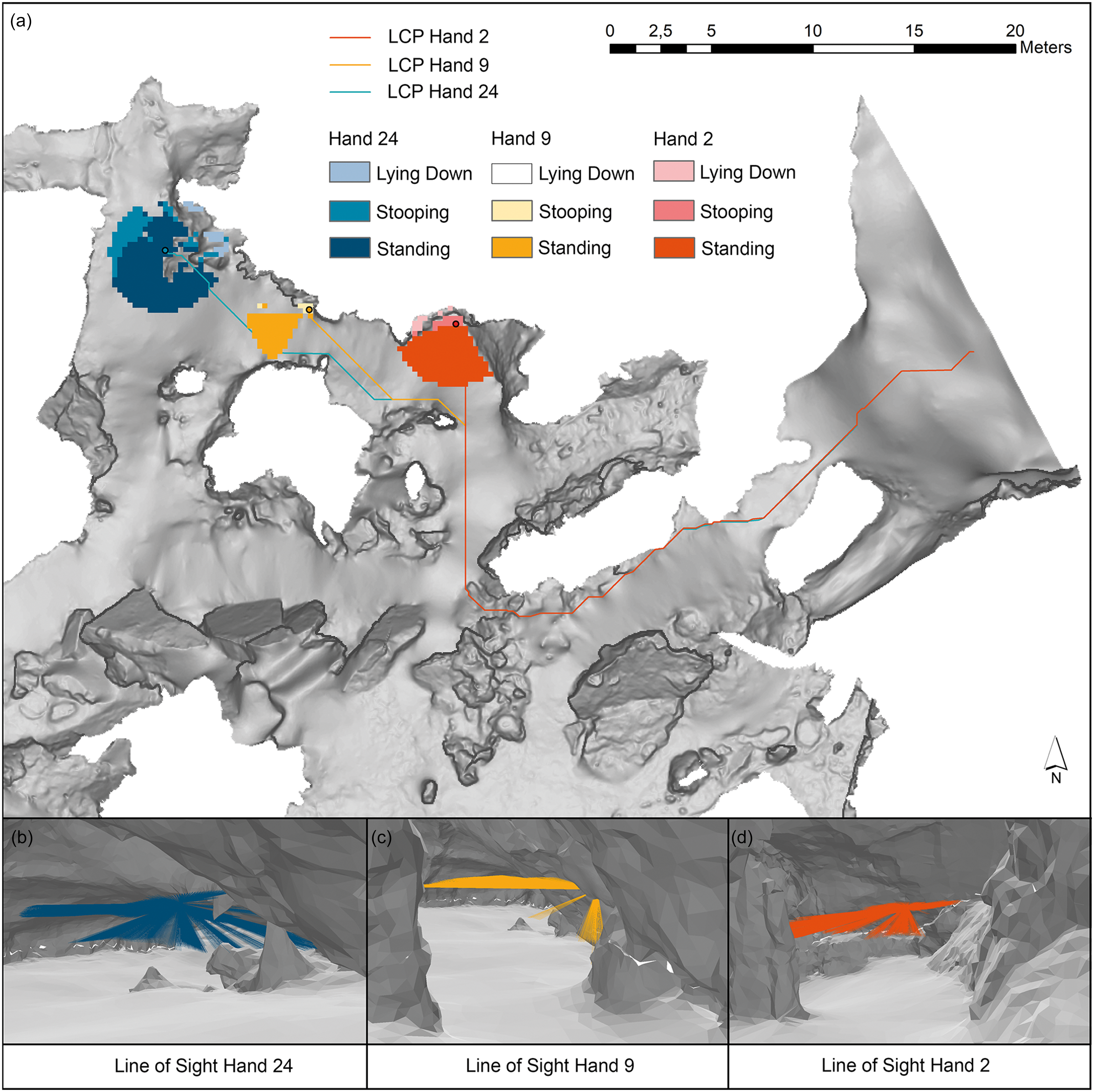 A diagram showing the visibility and spatial analysis of hand stencils in the Ceiling of the Hands in El Castillo cave.