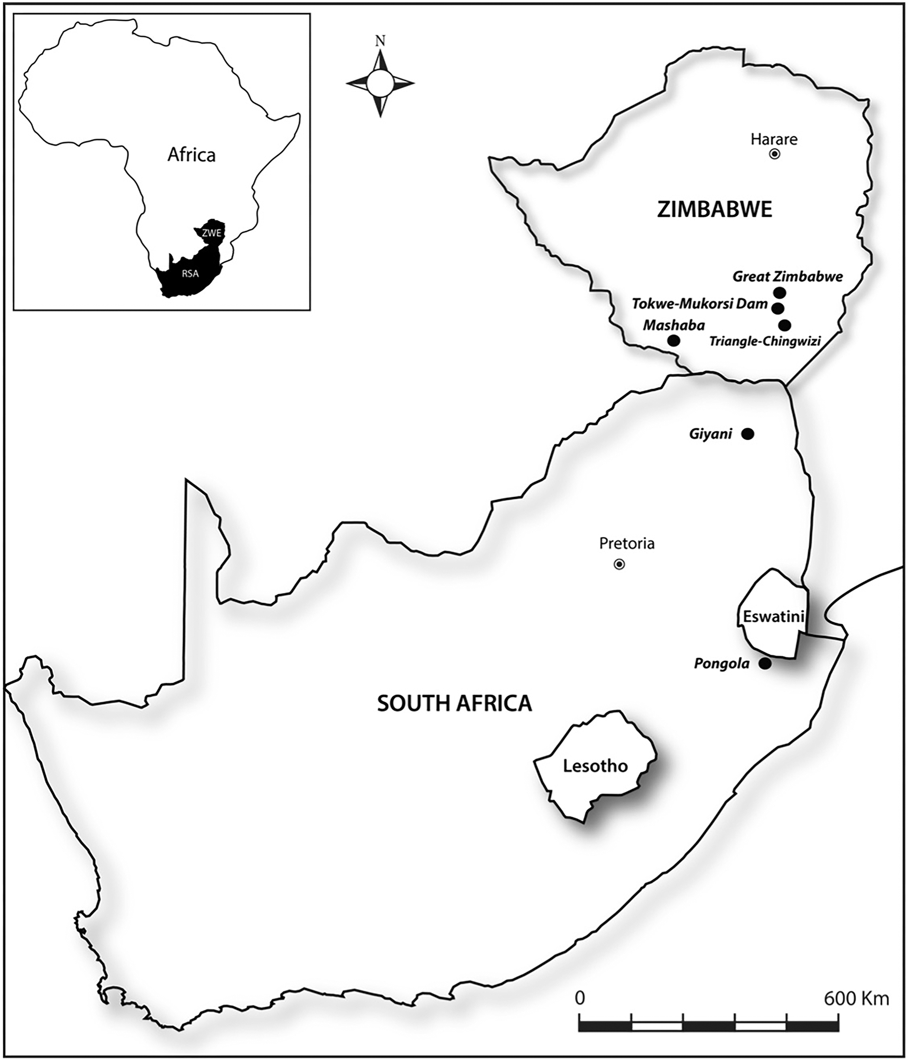 A map of southern Africa highlighting key locations and regions.