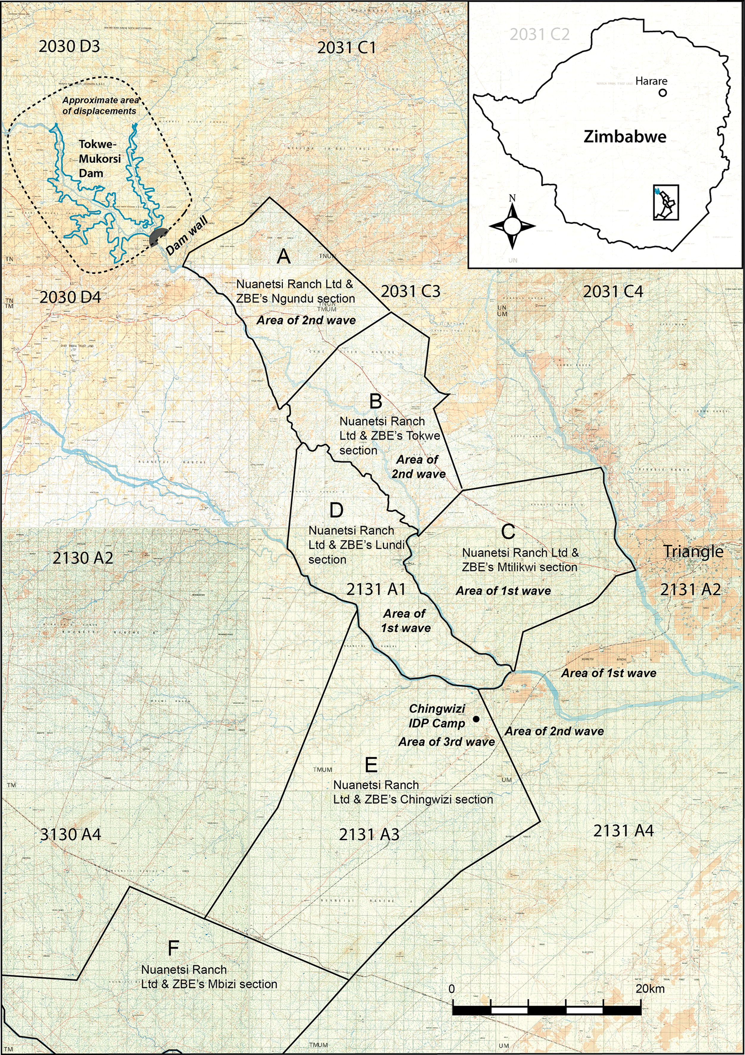 A map of the Tokwe-Mukosi Dam and Nuanetsi Ranch in Zimbabwe.
