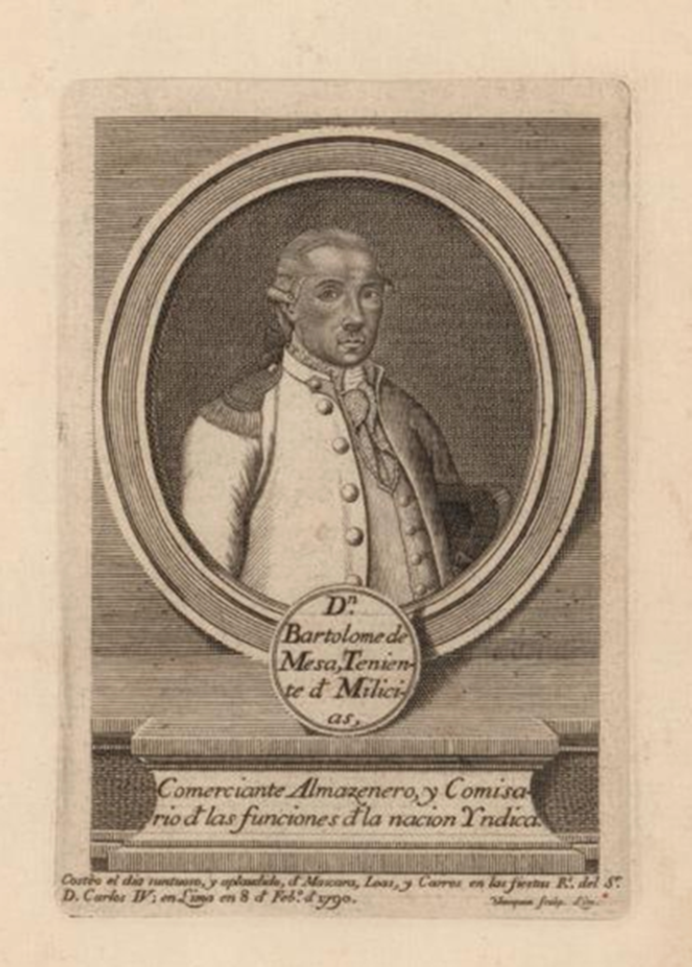 An engraved portrait of a man in formal attire with text describing his roles and titles. See long description.