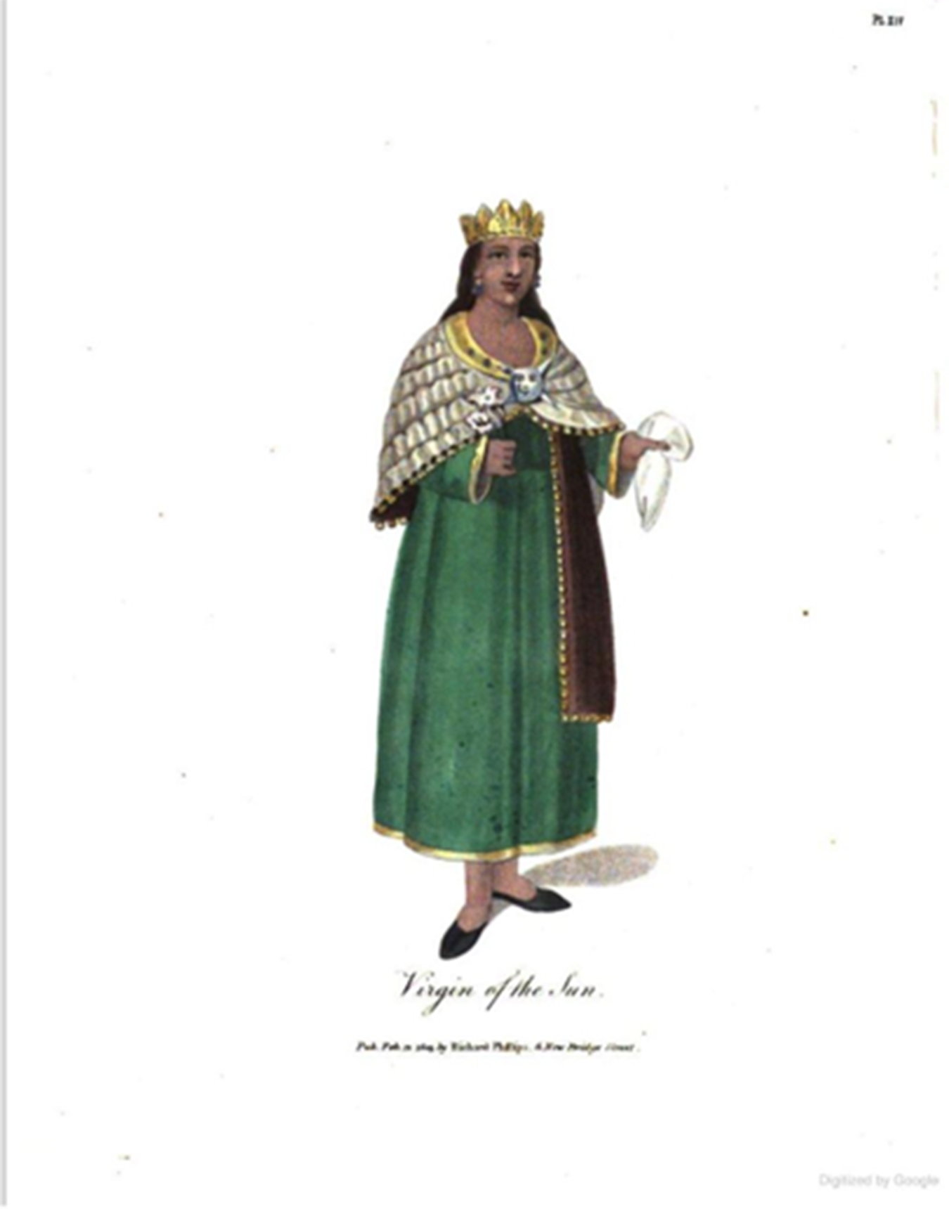 A person in a green robe with a crown and cape, holding a white object. See long description.
