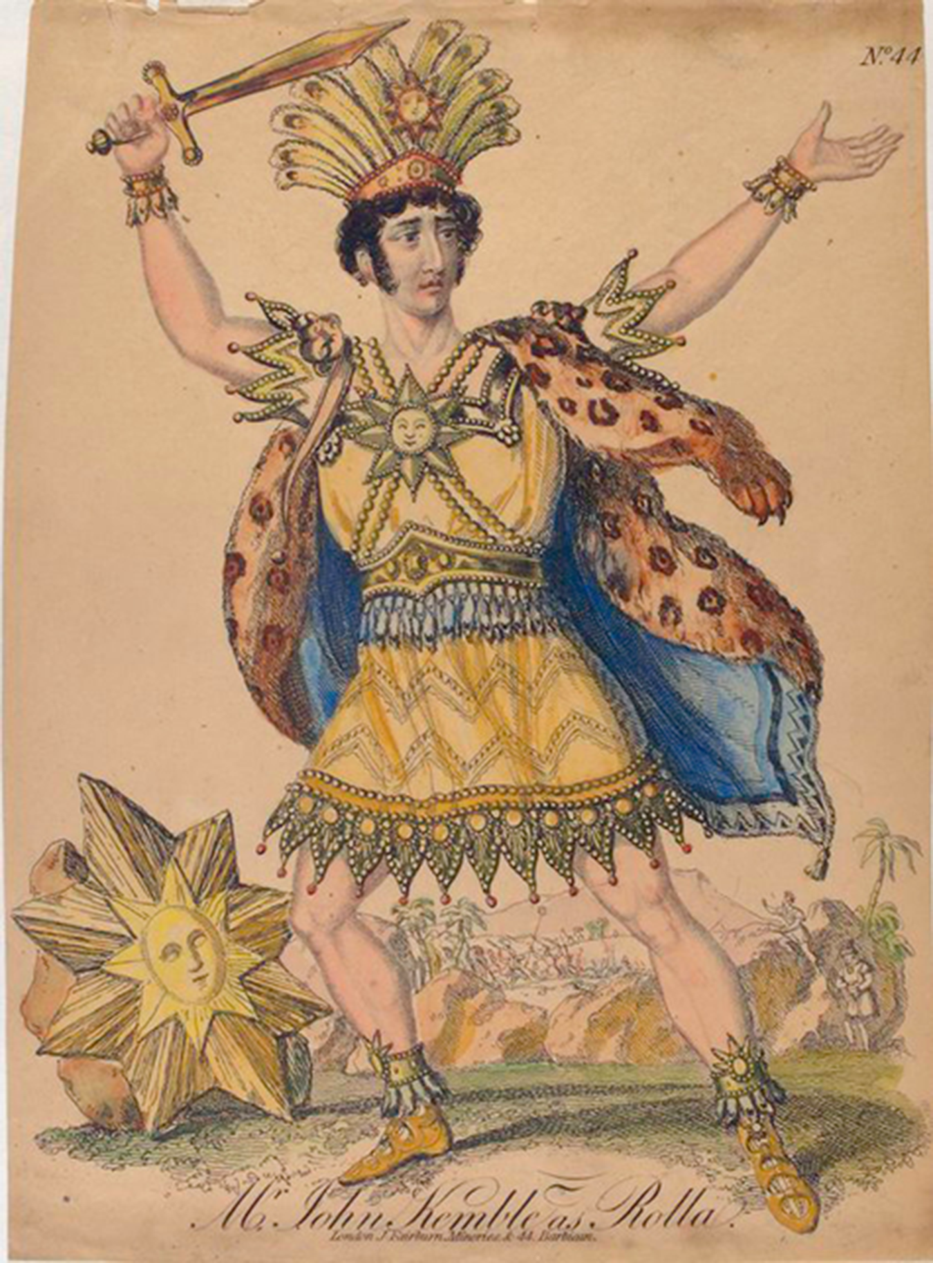 A person dressed in elaborate costume with a sword, wearing a headdress and cape, standing in a dynamic pose. See long description.