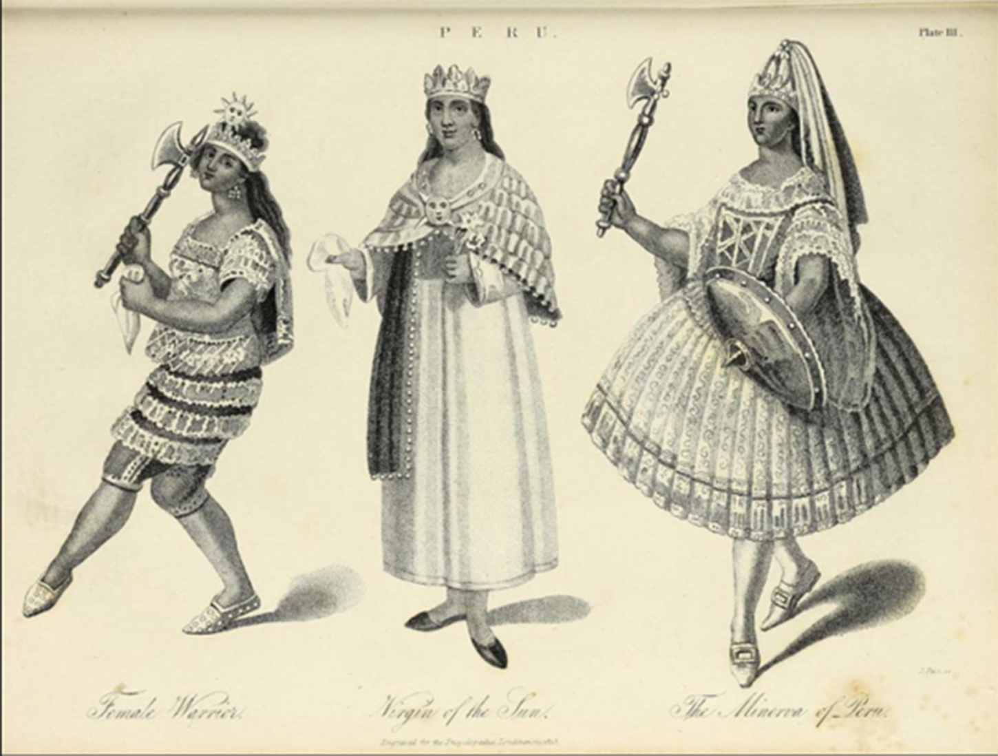Three figures in festive attire: a female warrior, a central figure and a woman with a shield. See long description.