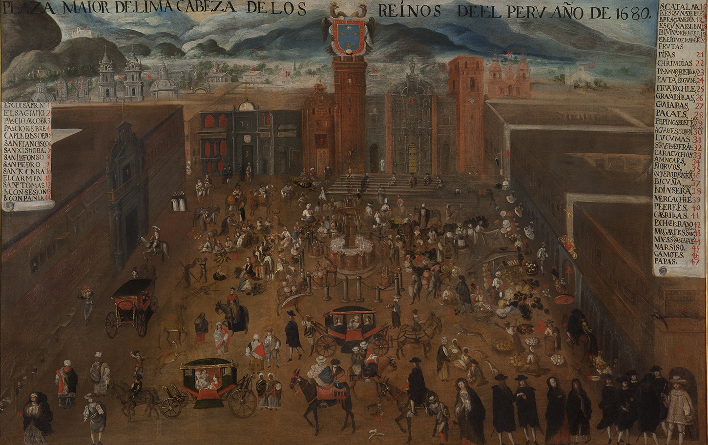 A historical painting depicting a bustling town square with numerous people, carriages and buildings in the background. See long description.