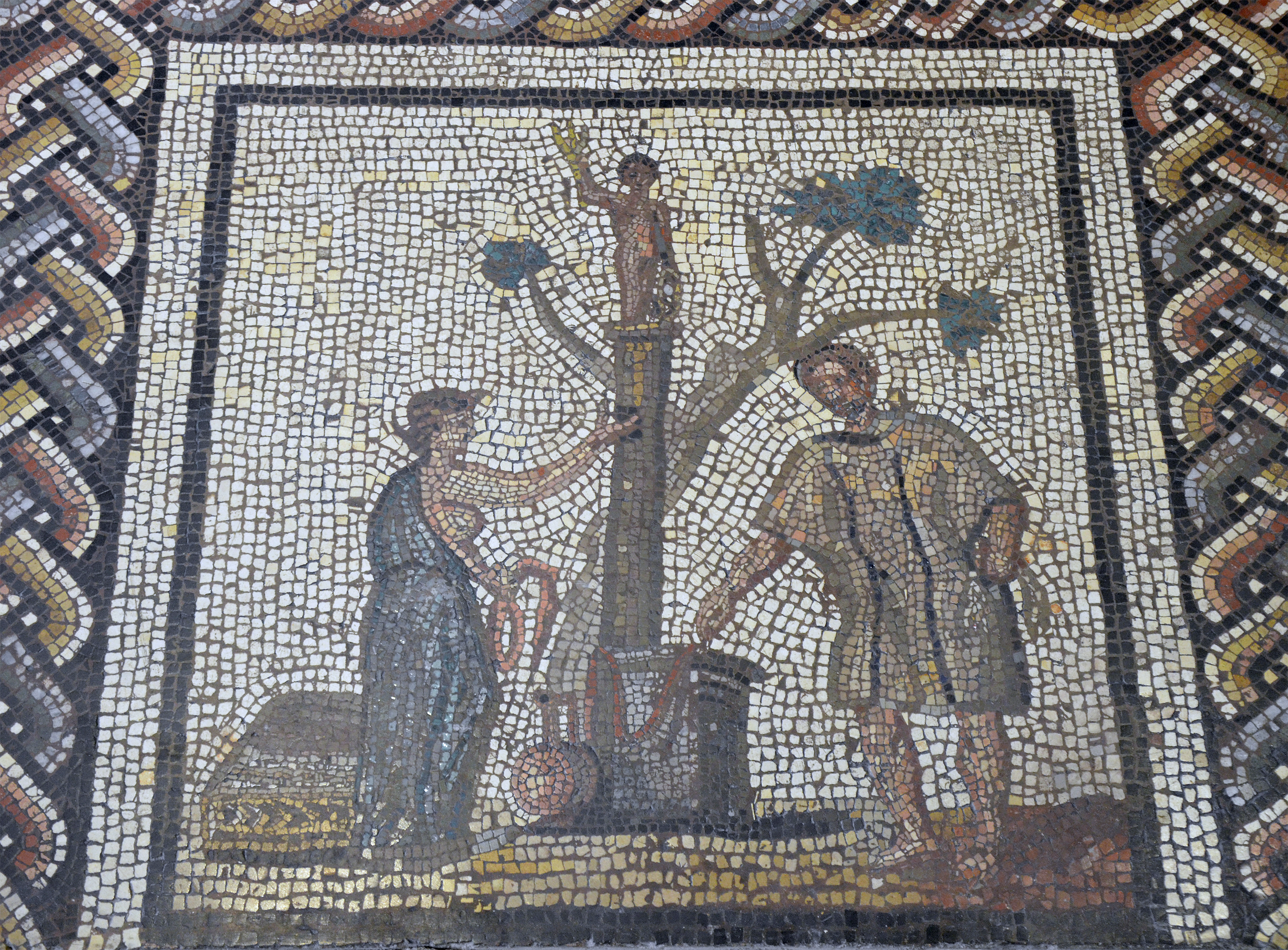 A mosaic depicting a man and a woman making offerings of garlands at a rural altar to Jupiter.