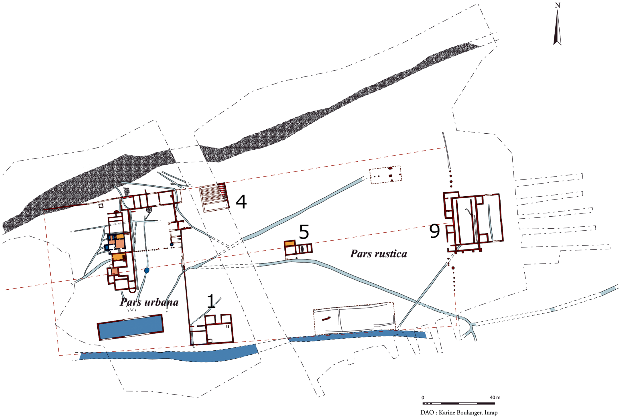 A detailed villa plan showing the layout of separate residential and work zones within the villa complex.