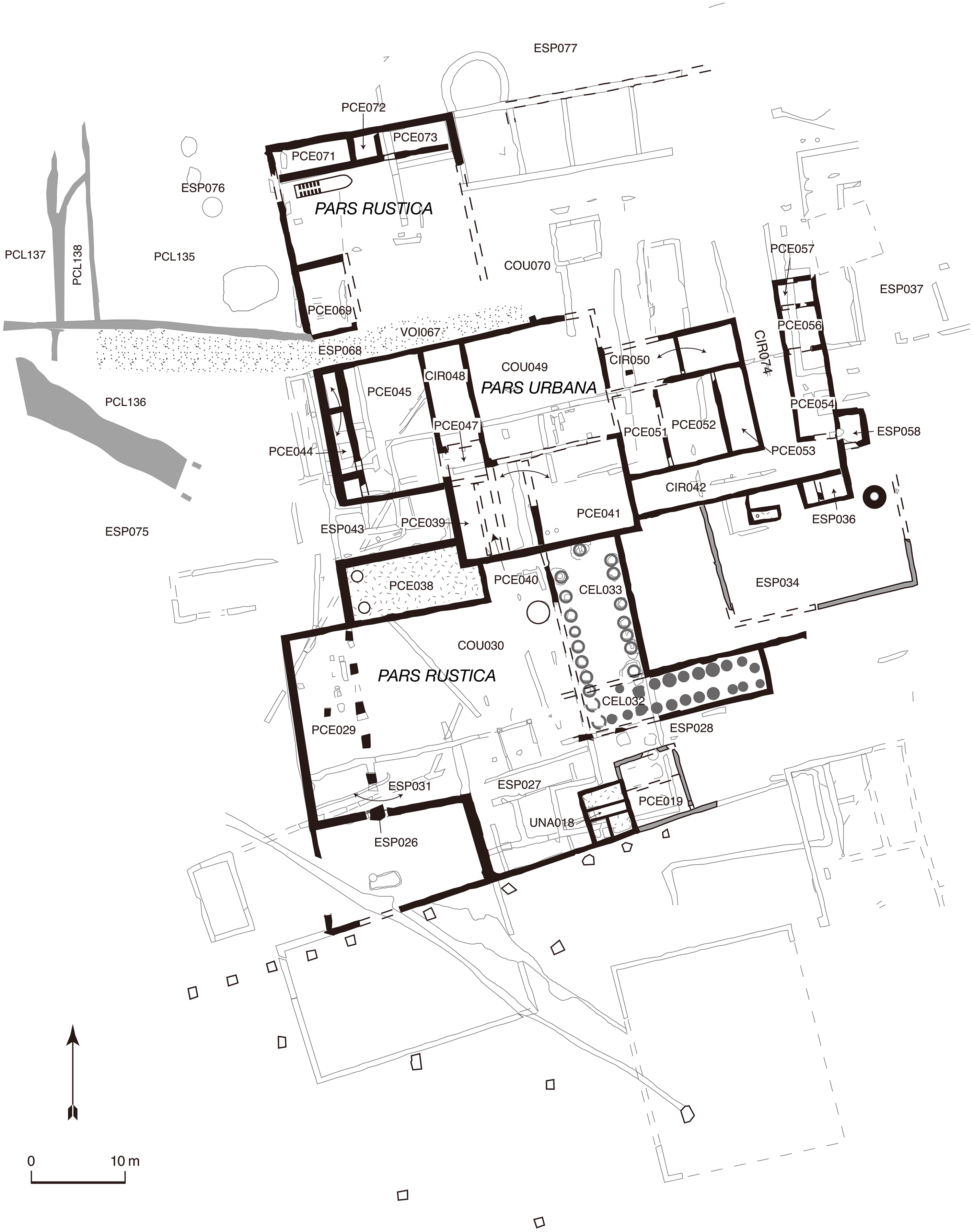 A detailed villa plan showing the layout of separate residential and work zones within the villa complex.