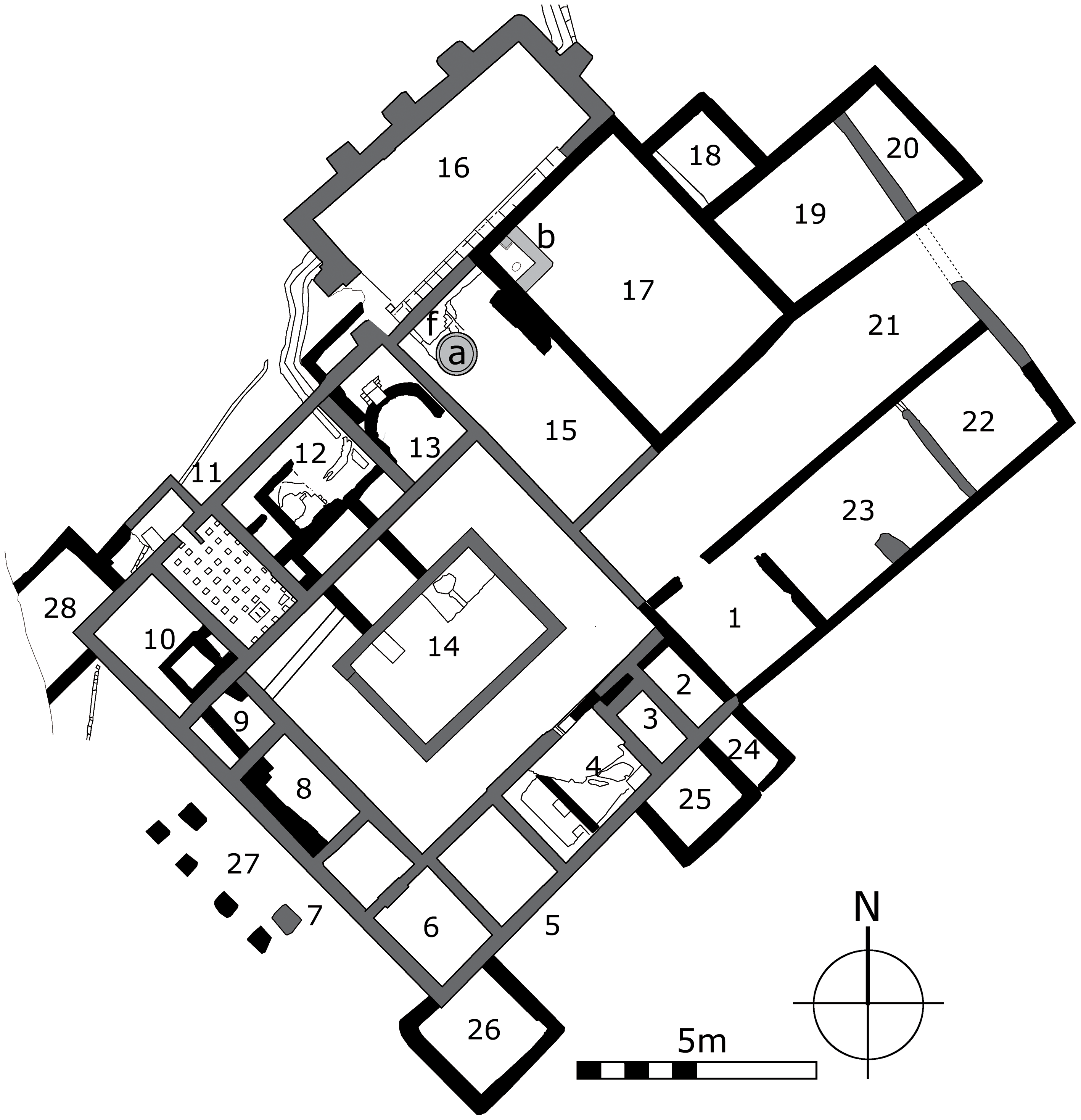A detailed villa plan showing the layout of separate residential and work zones within the villa complex.