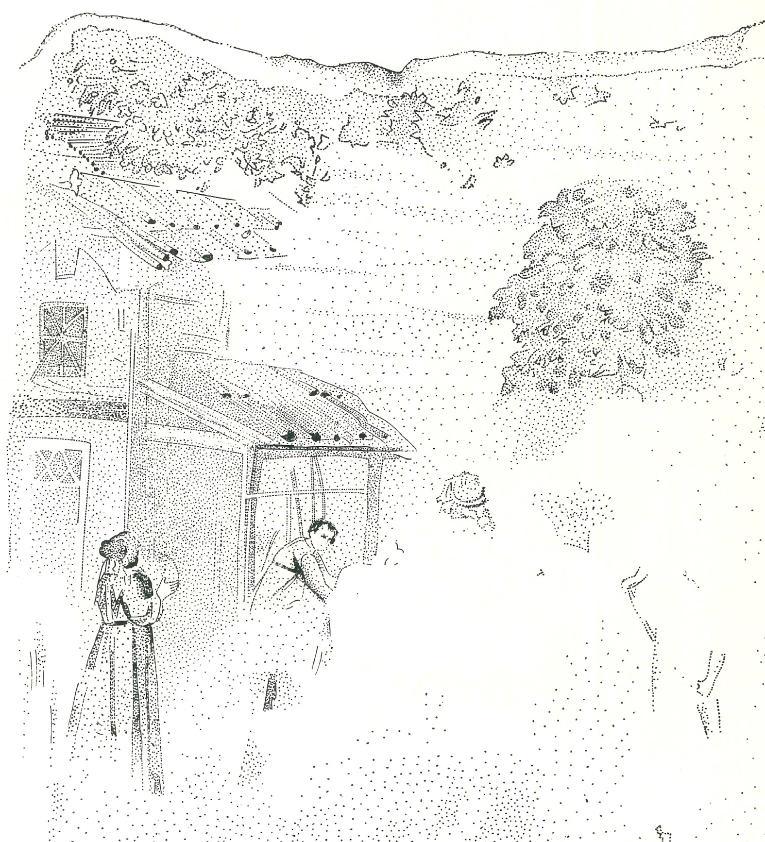 An archaeological drawing of a Roman wall painting, showing a woman overseeing a male worker.