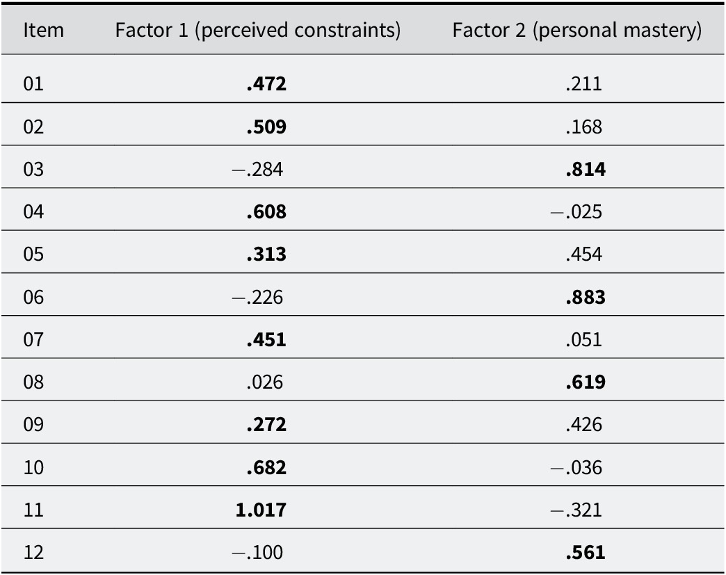 A table showing factor loadings for twelve items across two factors: perceived constraints and personal mastery. Bold values indicate the primary theoretical dimension for each item. See long description.