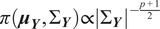 pi left parenthesis bold italic mu Subscript bold italic upper Y Baseline comma upper Sigma Subscript bold italic upper Y Baseline right parenthesis proportional to StartAbsoluteValue upper Sigma Subscript bold italic upper Y Baseline EndAbsoluteValue Superscript minus StartFraction p plus 1 Over 2 EndFraction