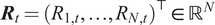 bold italic upper R Subscript t Baseline equals left parenthesis upper R Subscript 1 comma t Baseline comma ellipsis comma upper R Subscript upper N comma t Baseline right parenthesis Superscript normal down tack Baseline element of double struck upper R Superscript upper N