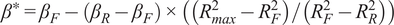 beta Superscript asterisk Baseline equals beta Subscript upper F Baseline minus left parenthesis beta Subscript upper R Baseline minus beta Subscript upper F Baseline right parenthesis times left parenthesis left parenthesis upper R Subscript max Superscript 2 Baseline minus upper R Subscript upper F Superscript 2 Baseline right parenthesis divided by left parenthesis upper R Subscript upper F Superscript 2 Baseline minus upper R Subscript upper R Superscript 2 Baseline right parenthesis right parenthesis