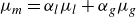 mu Subscript m Baseline equals alpha Subscript l Baseline mu Subscript l Baseline plus alpha Subscript g Baseline mu Subscript g
