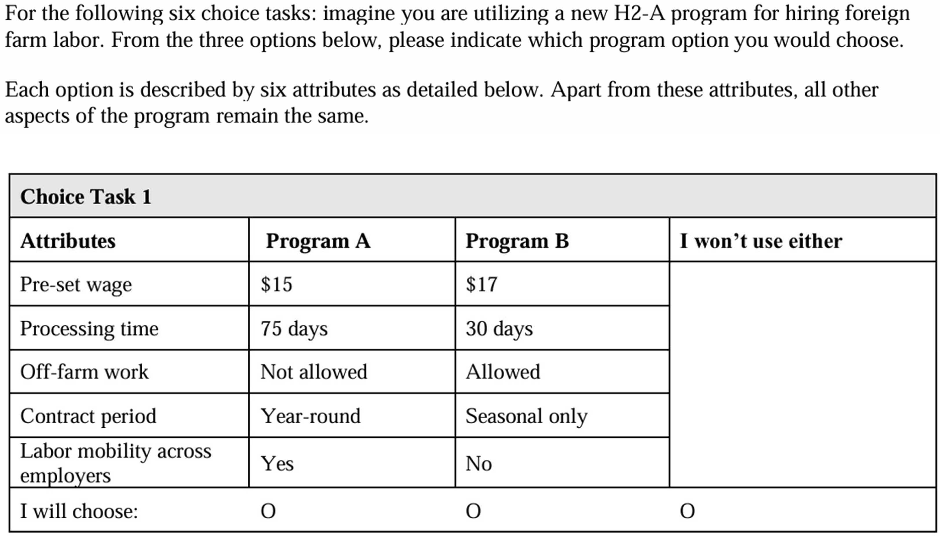 A table comparing attributes of two programs for hiring foreign farm labor.
