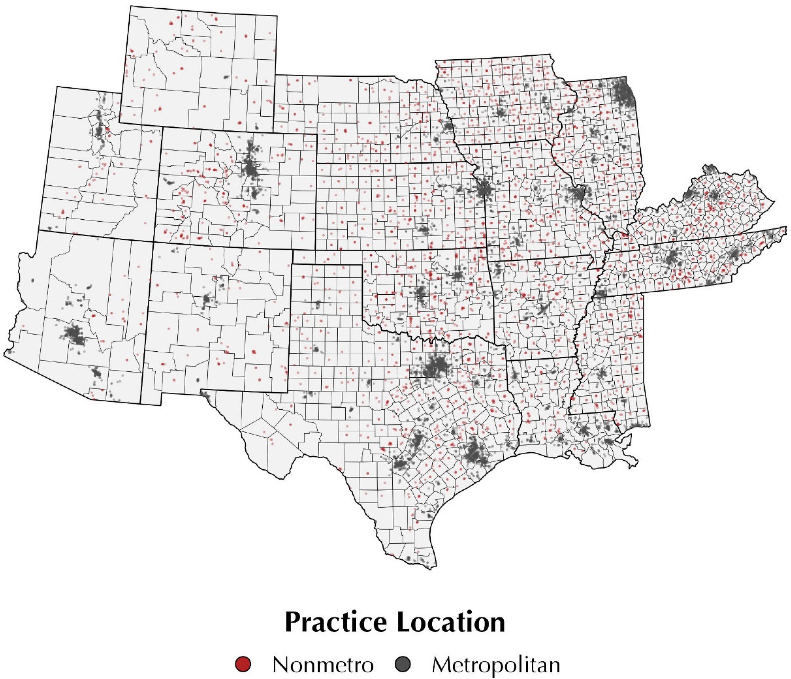 A map of the United States showing the distribution of veterinary practice locations, with red dots indicating nonmetro areas and black dots indicating metropolitan areas.
