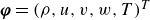 bold italic phi equals left parenthesis rho comma u comma v comma w comma upper T right parenthesis Superscript upper T